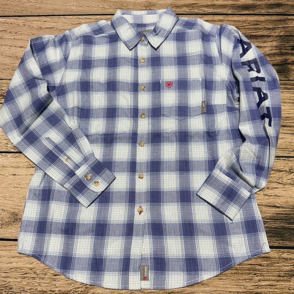 Ariat FR Paige Logo Work Shirt Mens M Blue Plaid Flame Resistant LS CAT2 NEW